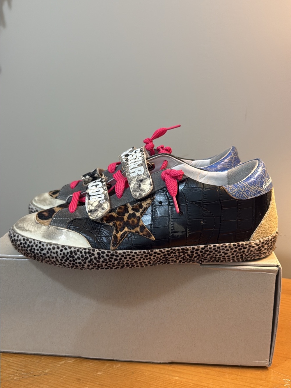 Golden Goose Women's Black Leopard Star Sneakers with Pink Laces